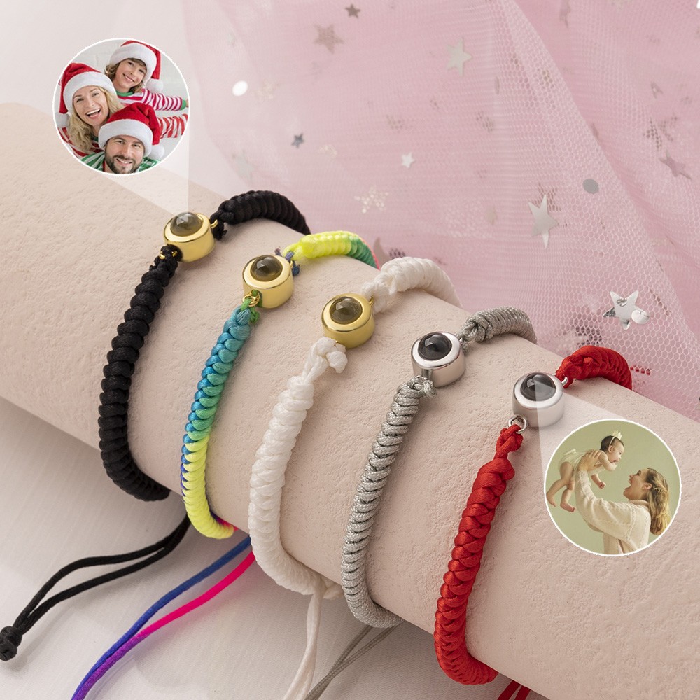 Pulsera con dije de proyeccion fotografica conmemorativa de cuerda trenzada personalizada, regalo familiar de Navidad para mama, papa y abuela