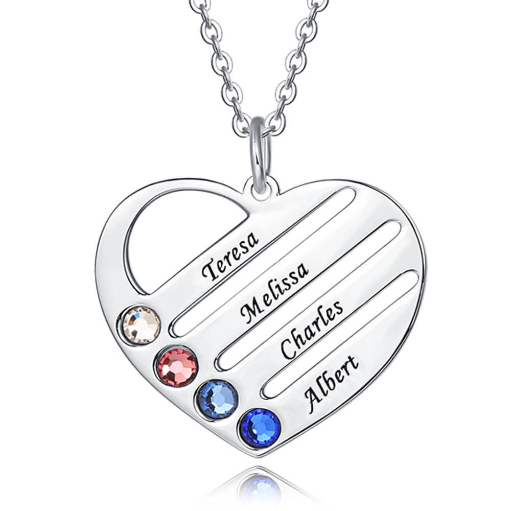 Collar de corazón personalizado con 1 a 4 piedras natales y grabados