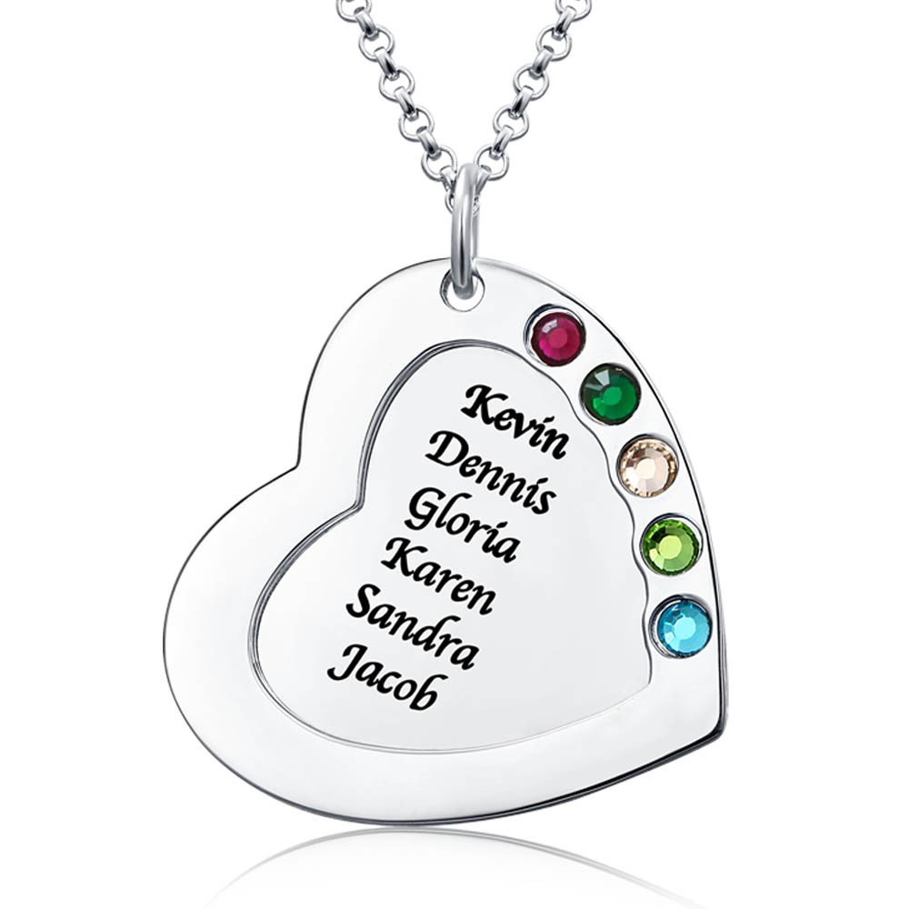 Collar grabable con nombres familiares en forma de corazón con 1 a 6 piedras natales