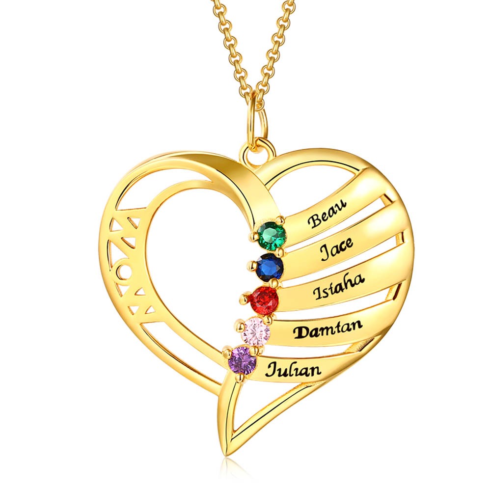 Collar personalizado con nombre de corazón con diseños de piedras natales de 1 a 6